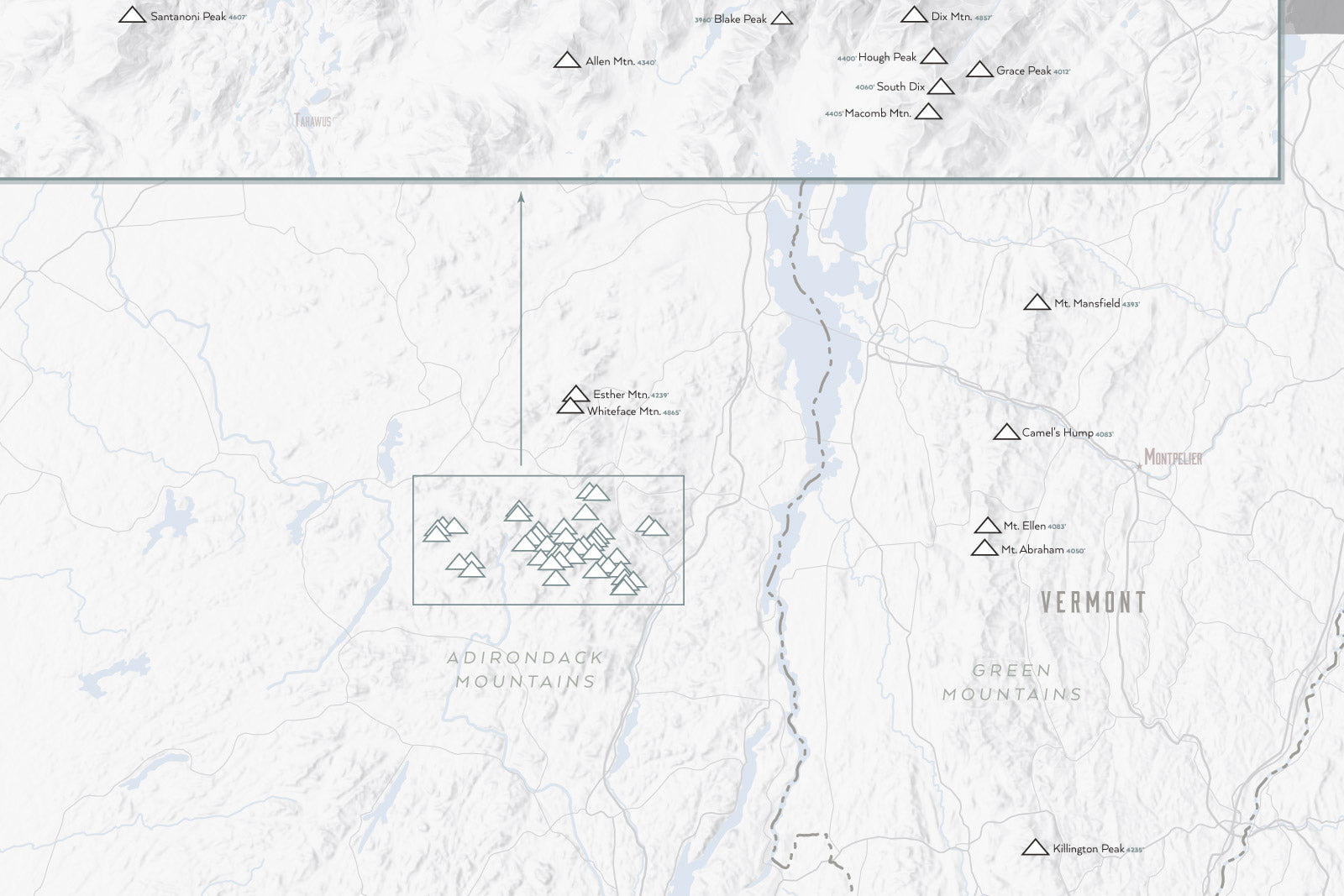 Northeast 111 4000 Footers Map Poster - white & gray