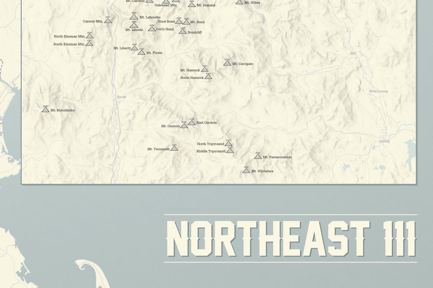 Northeast 111 4000 Footers Map Poster - beige & slate