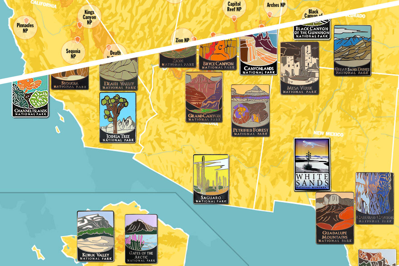 USA National Park Collector Pins map poster - marigold & turquoise