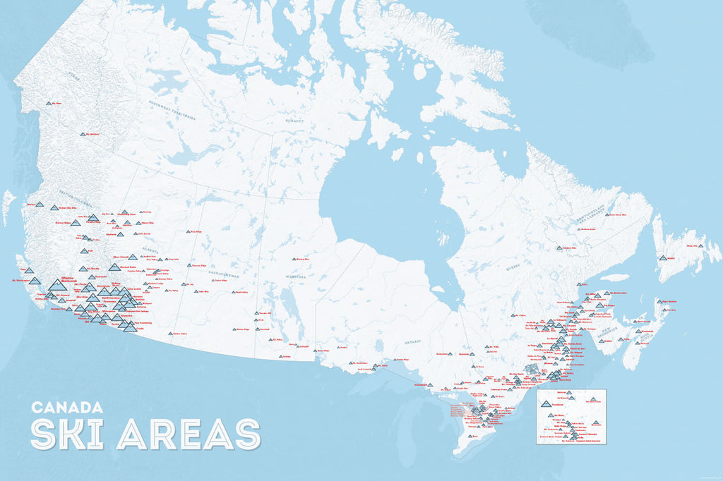 Canada Ski Areas Resorts Map Poster - white & light blue