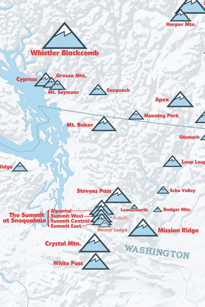 Western Ski Areas Resorts of the West Map Poster - white & light blue