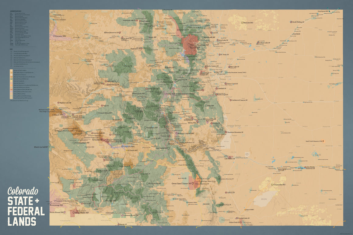Colorado State Parks & Federal Lands map poster - camel & slate blue