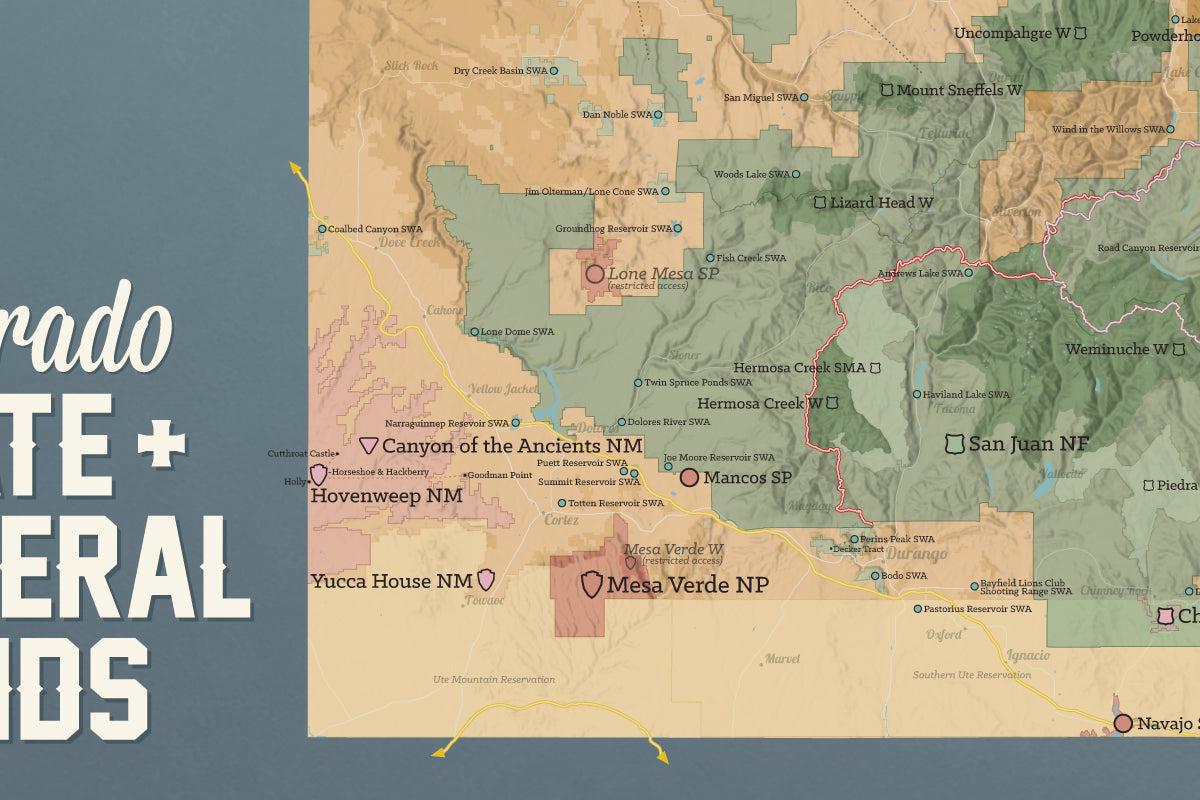 Colorado State Parks & Federal Lands map poster - camel & slate blue