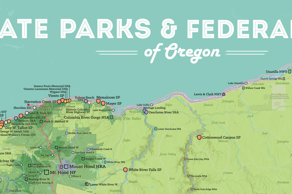 Oregon State Parks & Federal Lands Map Poster - green & aqua
