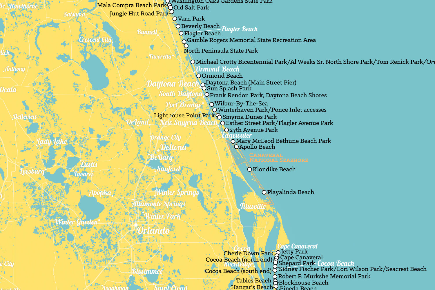 Florida Beaches Map Poster - marigold & turquoise