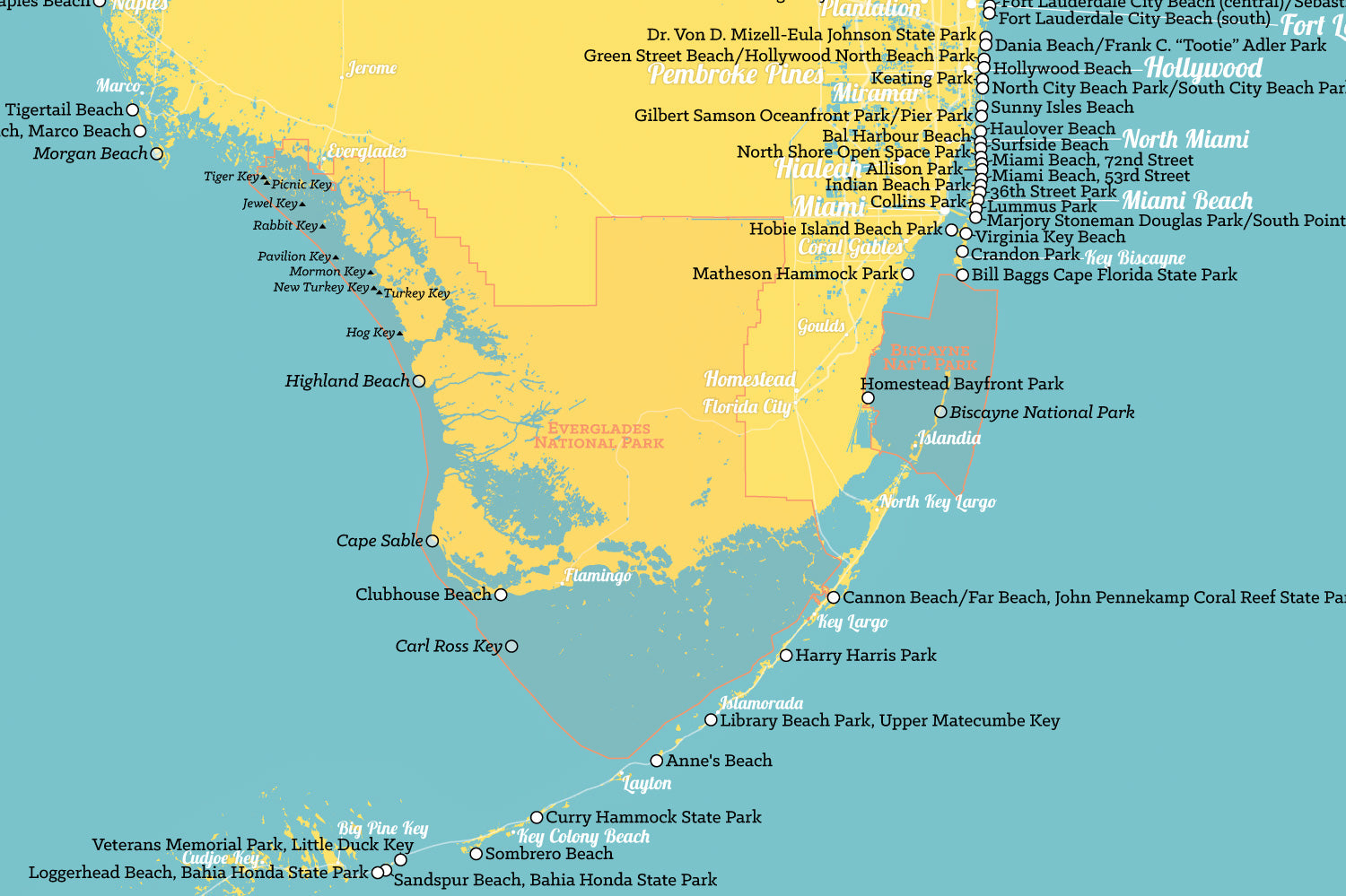 Florida Beaches Map Poster - marigold & turquoise