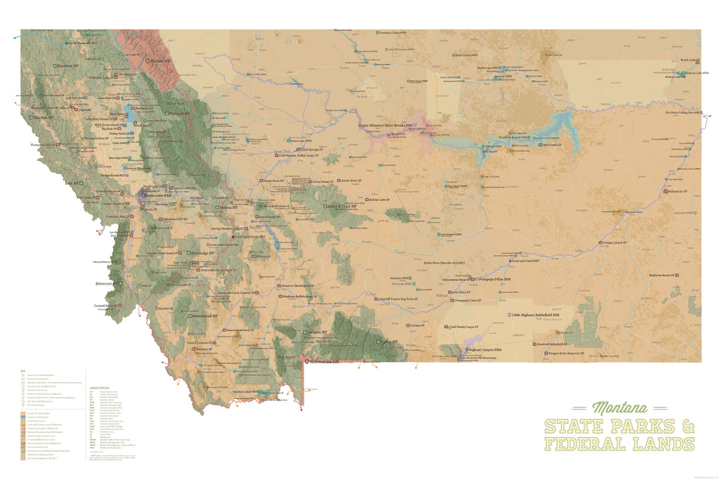 Montana State Parks & Federal Lands Map Poster - tan & white