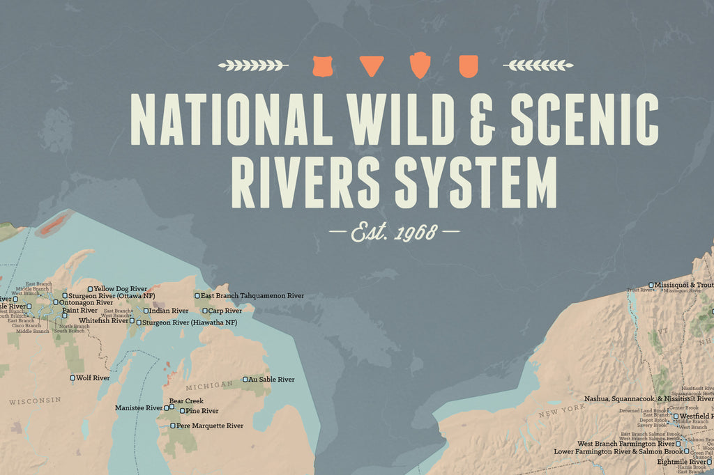 USA National Wild and Scenic Rivers System Map Poster - tan & slate blue