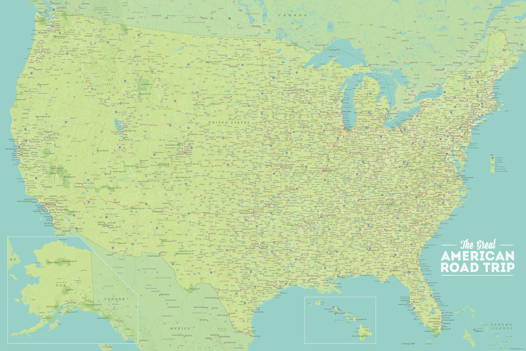 USA Road Trip & Travel Highway Tracing Map - green & aqua