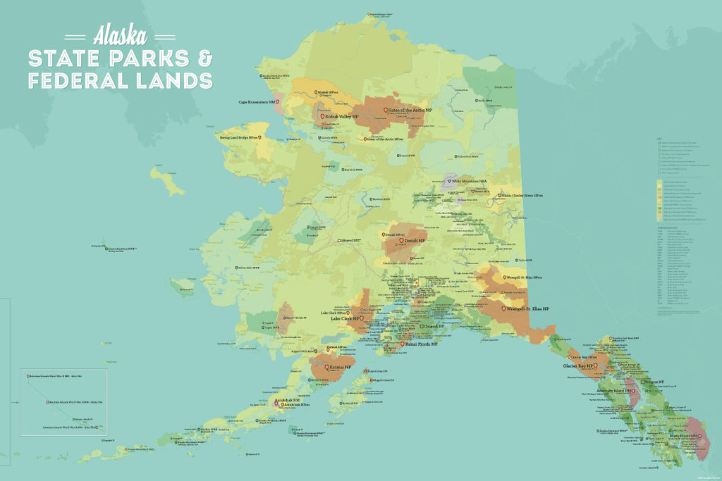 Alaska State Parks & Federal Lands Map Poster - green & aqua