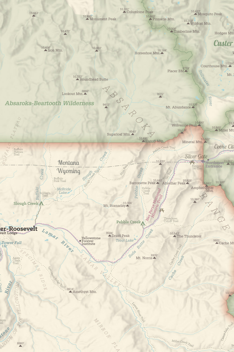 Yellowstone National Park Hiking Trail Wall Map Poster - tan