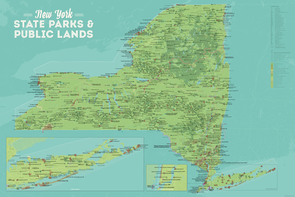 New York State Parks, DEC State Land, National Parks, & Federal Lands Map Poster - green & aqua