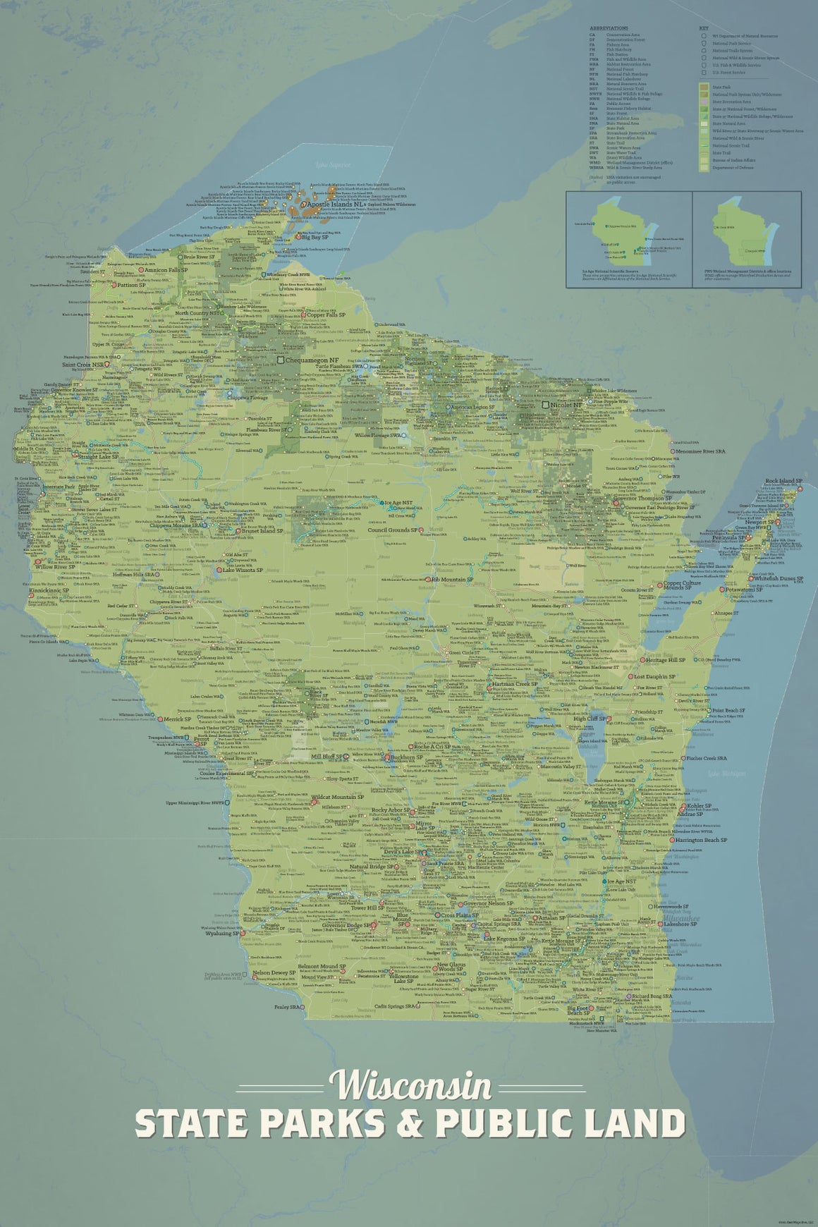 Wisconsin State Parks, DNR State Land, Federal Public Lands Map Poster - natural earth