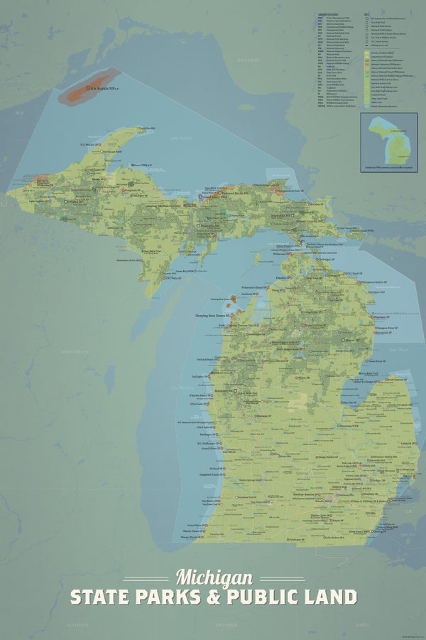 Michigan State Parks & Public Land Map 24x36 Poster - Best Maps Ever