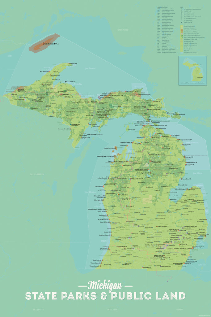 Michigan State Parks, DNR State Land, Federal Public Lands Map Poster - green & aqua