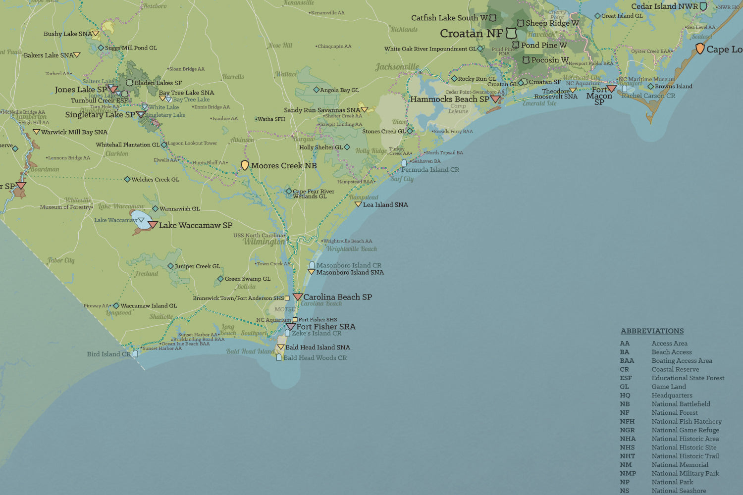 North Carolina State Parks, State Land, Federal Public Lands Map Poster - natural earth