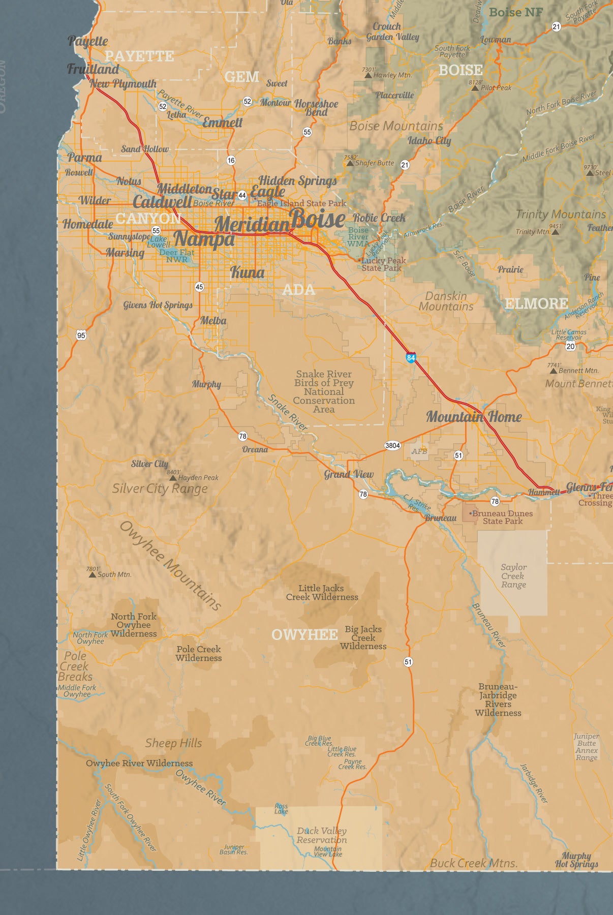 Idaho State Wall Map 24x36 Poster - tan & slate blue