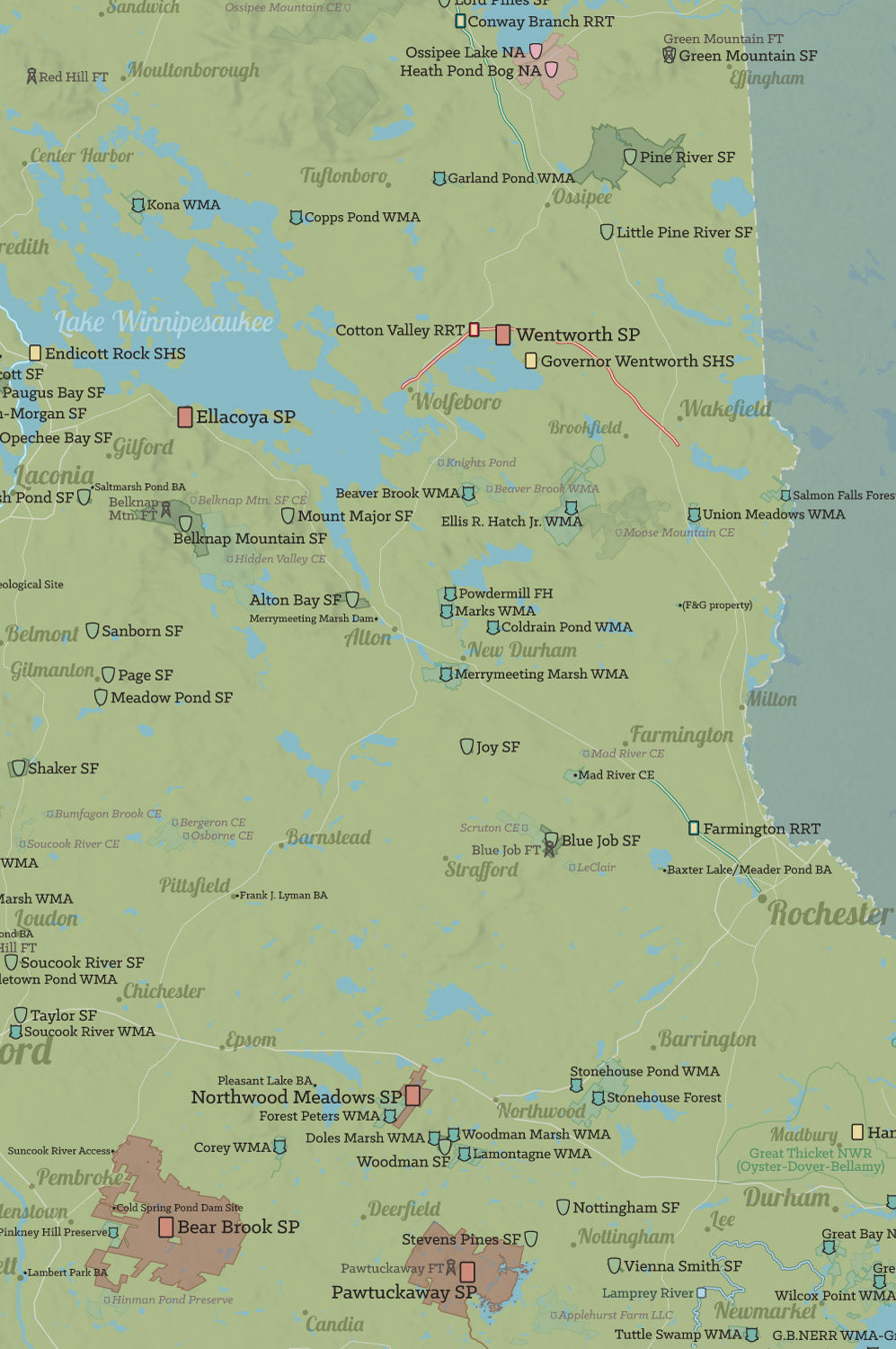New Hampshire State Parks, State Land, Federal Public Lands Map Poster - natural earth