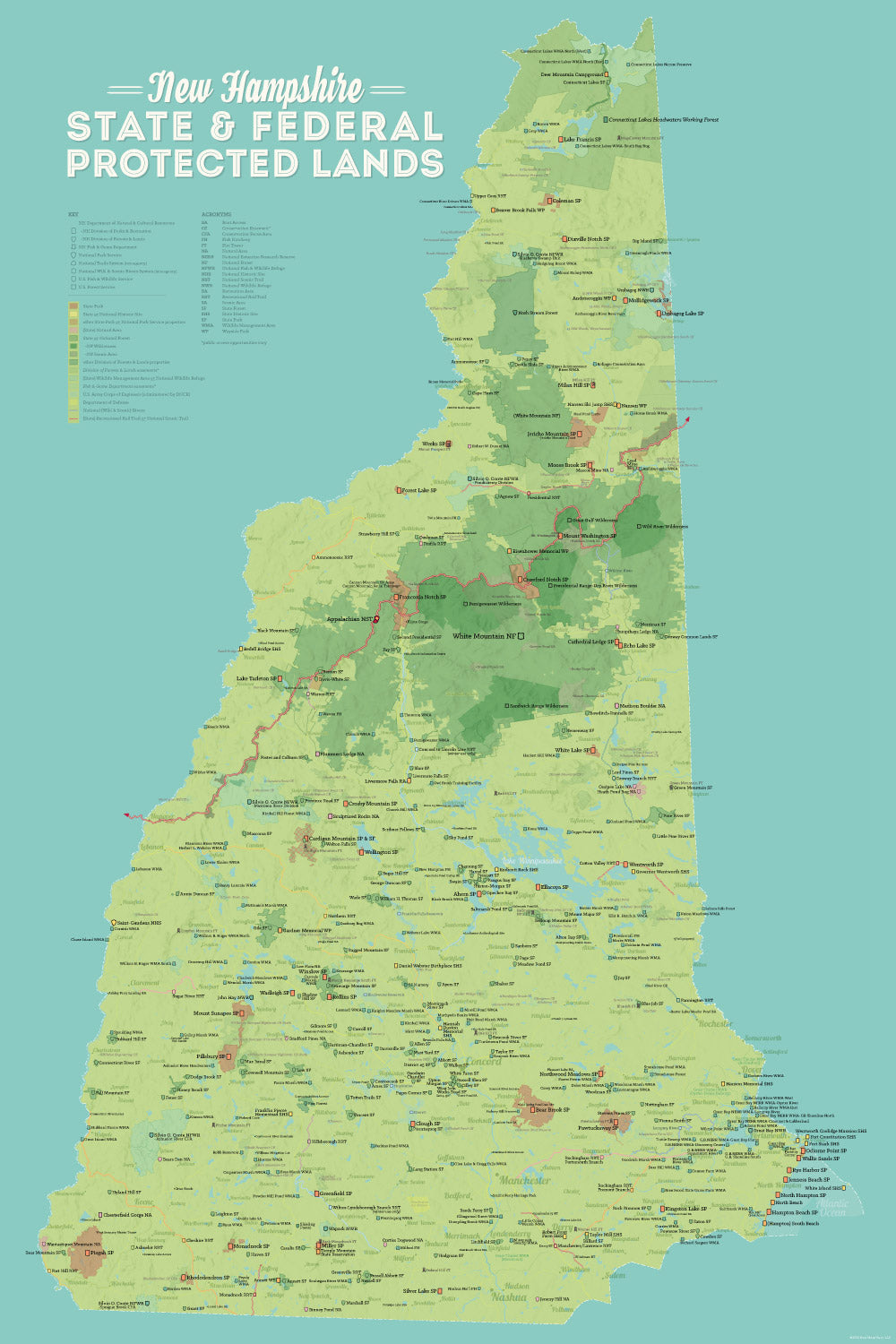New Hampshire State Parks, State Land, Federal Public Lands Map Poster - green & aqua