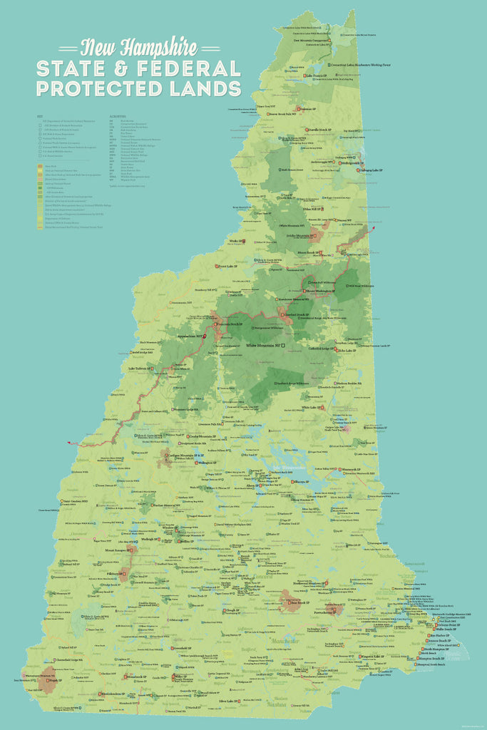 New Hampshire State Parks, State Land, Federal Public Lands Map Poster - green & aqua