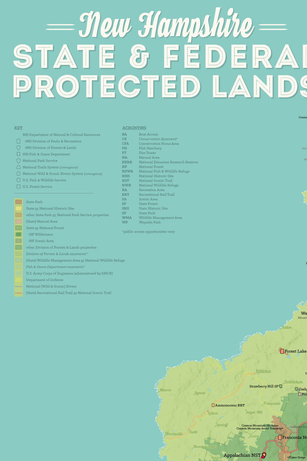 New Hampshire State Parks, State Land, Federal Public Lands Map Poster - green & aqua