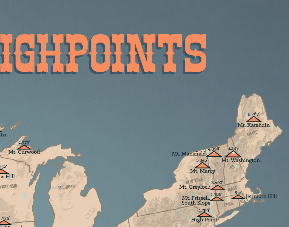 State High Points Highpoints Map Print - tan & slate blue