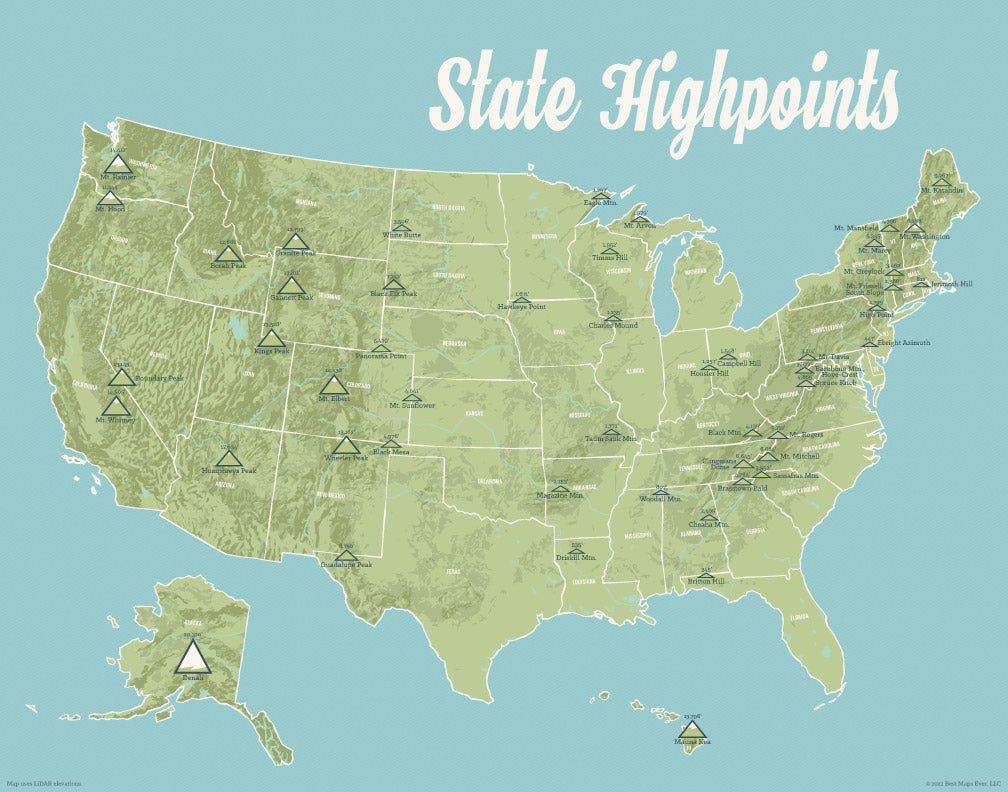 State Highpoints Map 11x14 Print - Best Maps Ever