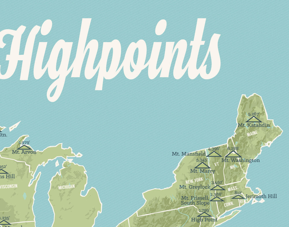 State High Points Highpoints Map Print - sage & aqua