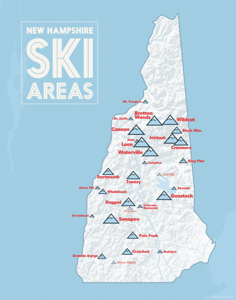 New Hampshire Ski Resorts Map Print - white & light blue