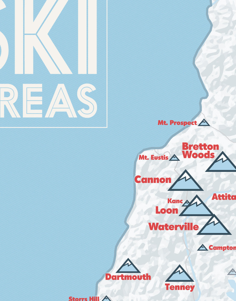New Hampshire Ski Resorts Map Print - white & light blue