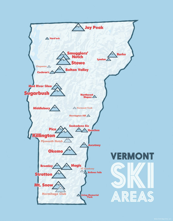 Vermont Ski Resorts Map 11x14 Print