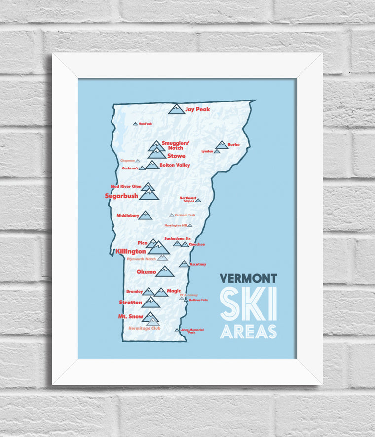 Vermont Ski Resorts Map 11x14 Print