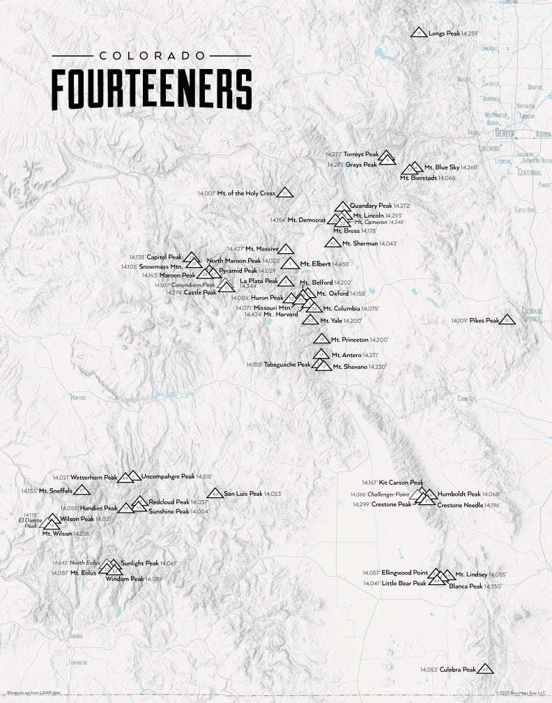 Colorado 14ers Fourteeners Checklist Map - gray