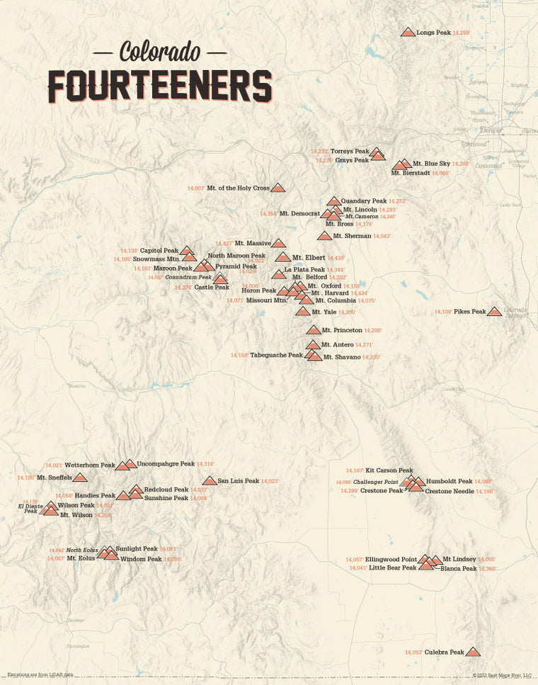 Colorado 14ers Fourteeners Checklist Map - tan