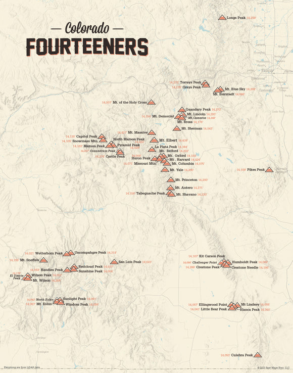 Framed map of Colorado Fourteeners on a brick wall background