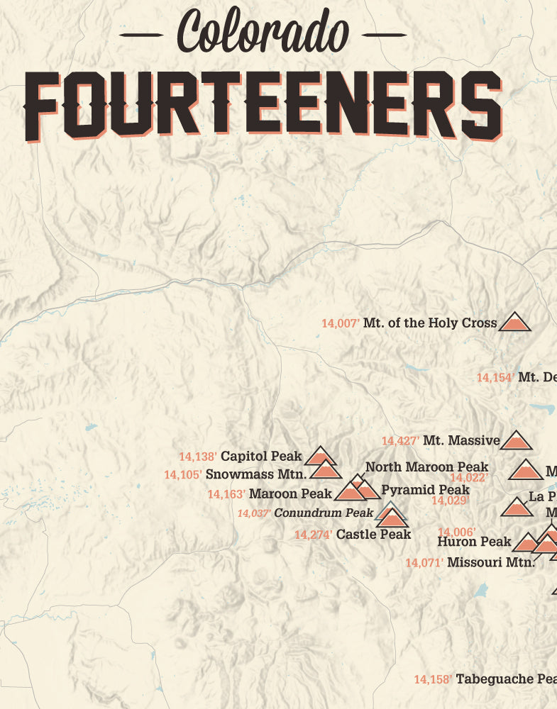 Colorado 14ers Fourteeners Checklist Map - tan