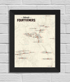 Framed map of Colorado Fourteeners on a brick wall background