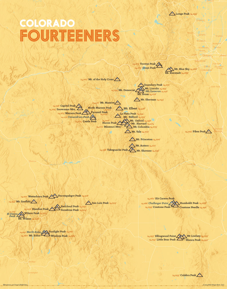 Colorado 14ers Fourteeners Checklist Map - yellow-orange
