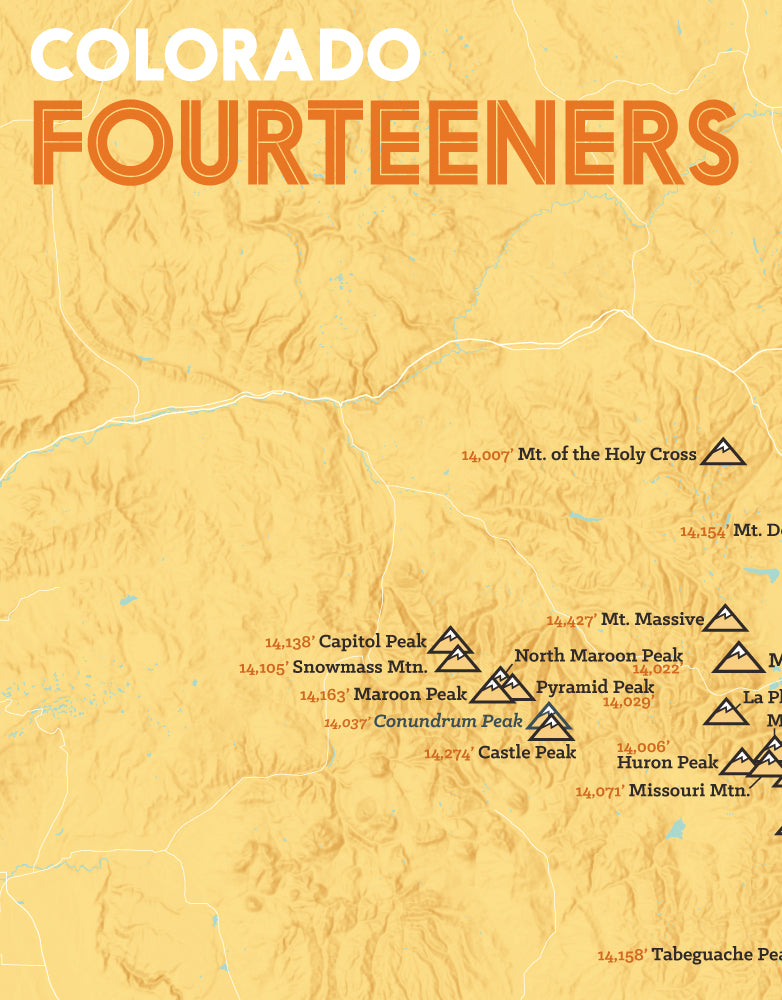 Colorado 14ers Fourteeners Checklist Map - yellow-orange