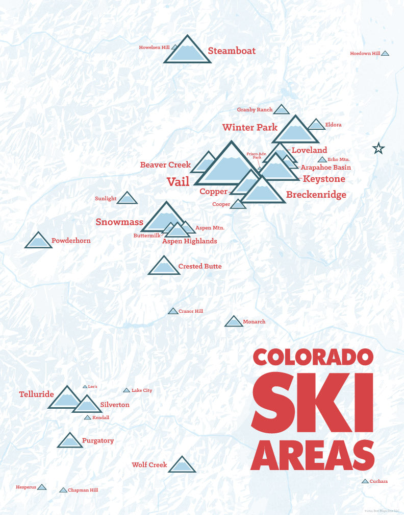 Colorado Ski Resorts Checklist Map - white & red
