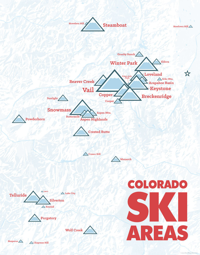Colorado Ski Resorts Checlist Map - white & red