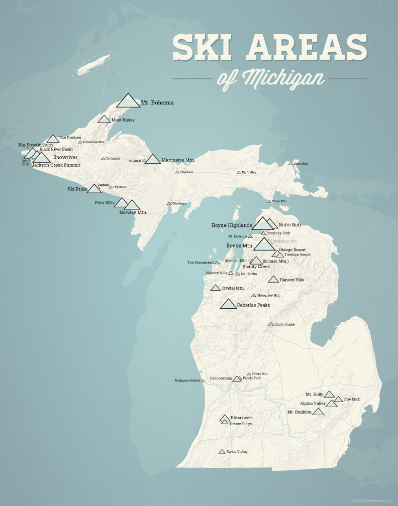 Michigan Ski Areas Resorts Map Print - beige & opal blue