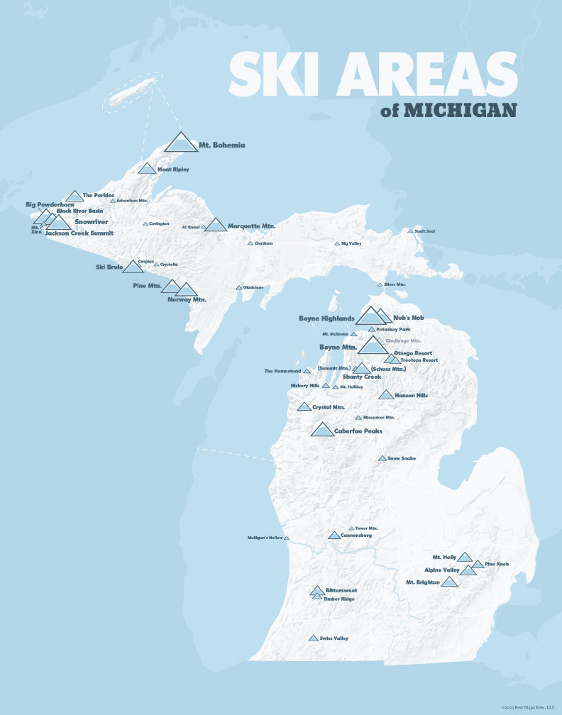 Michigan Ski Areas Resorts Map Print - white & light blue