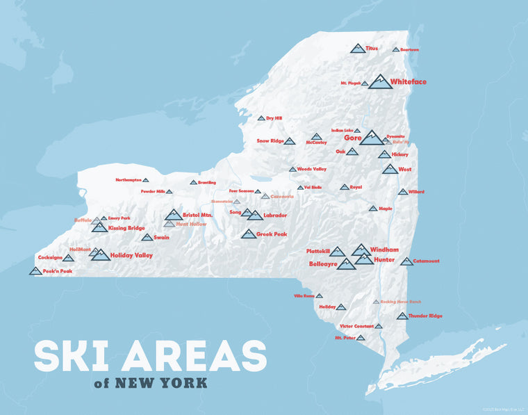 New York Ski Areas Resorts Map Print - white & light blue