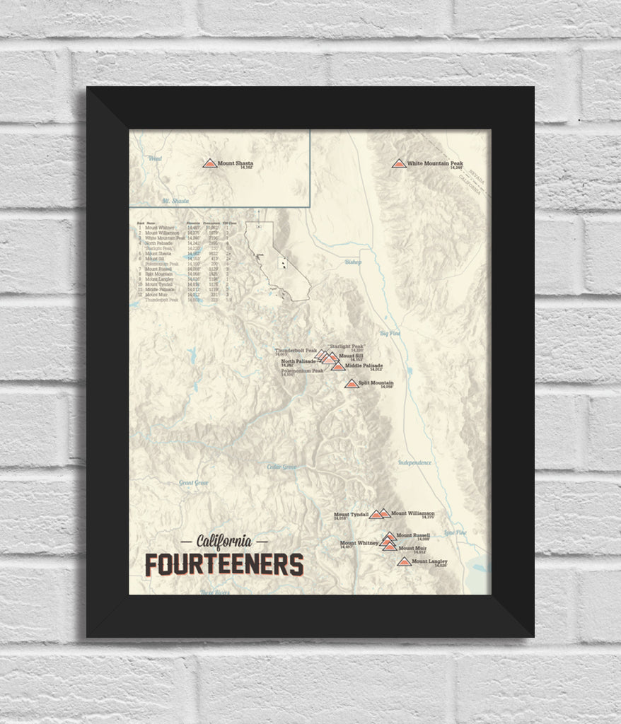 California 14ers Map 11x14 Print