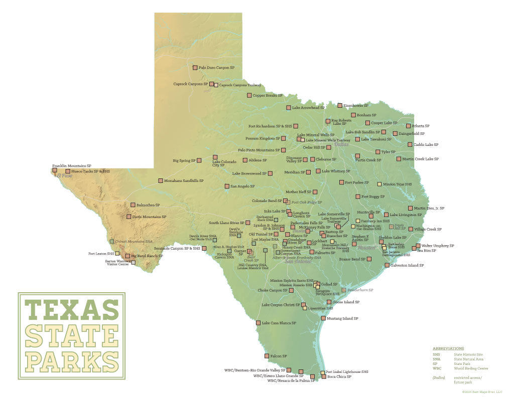 Texas State Parks map print - green & white
