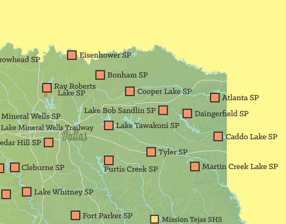 Texas State Parks map print - green & yellow