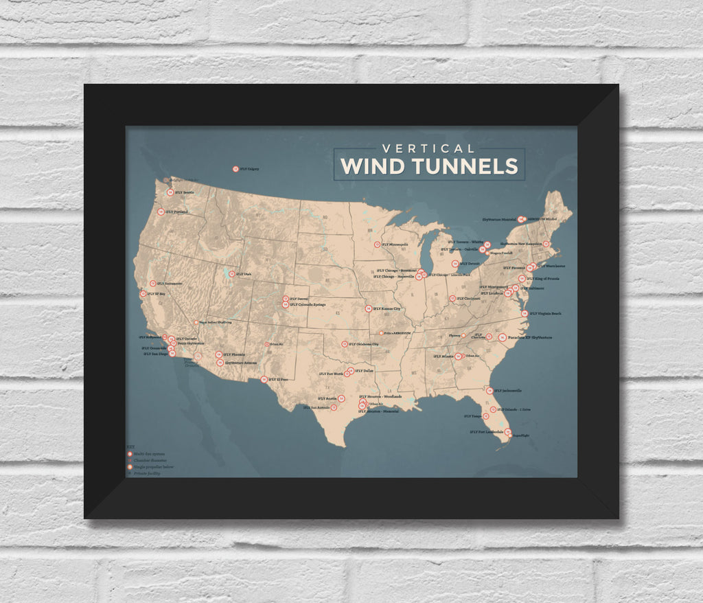 US Indoor Skydiving Vertical Wind Tunnels Map 11x14 Print