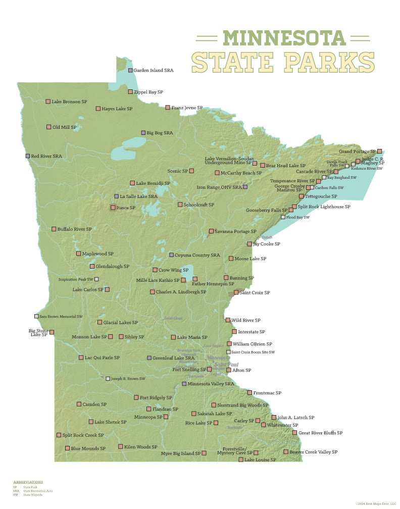 Minnesota State Parks Map Print - green & white