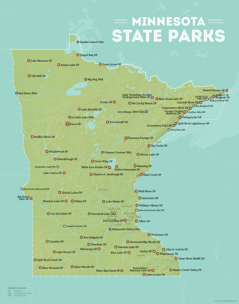 Minnesota State Parks Map Print - green & aqua